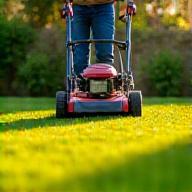Gardener mowing a tidy lawn